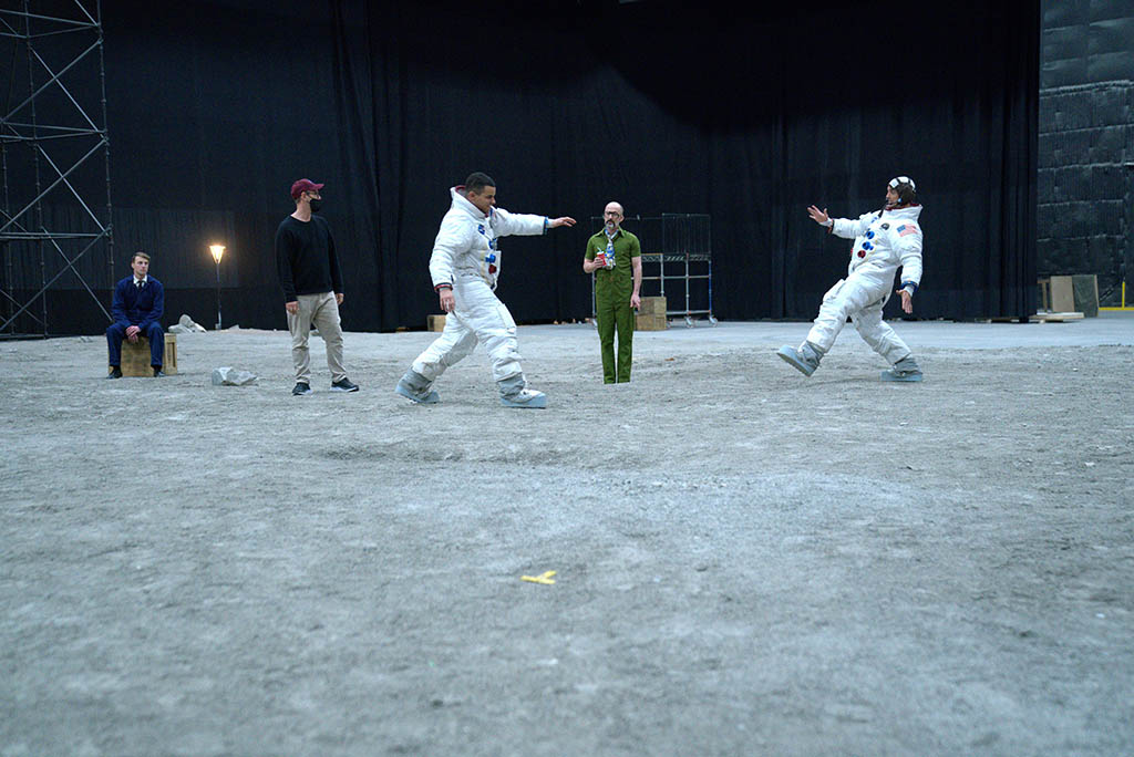 Apollo 11 astronauts rehearse for a moonwalk on a moon set, which served as a backup just in case the mission failed, because failure was not an option for NASA in Fly Me to the Moon. There were about 1,000 visual effects shots required for the film, with work split up between Framestore, RISE, Zero VFX, Nexodus and Ingenuity Studios. (Photo: Dan McFadden)