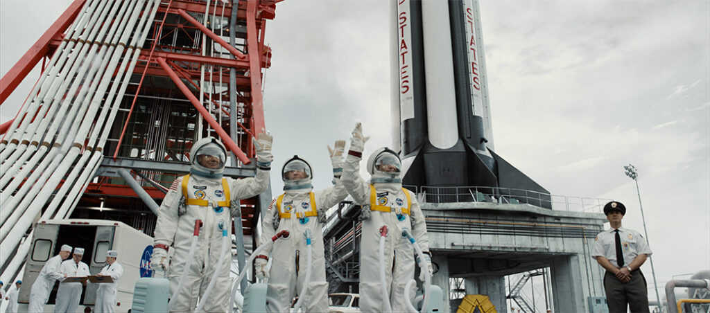 The astronauts in Fly Me to the Moon. Director Greg Berlanti needed all the imagery shot for the film seamlessly blended with the stock footage, including crowd shots, rocket launches, moon landings and all period corrections.