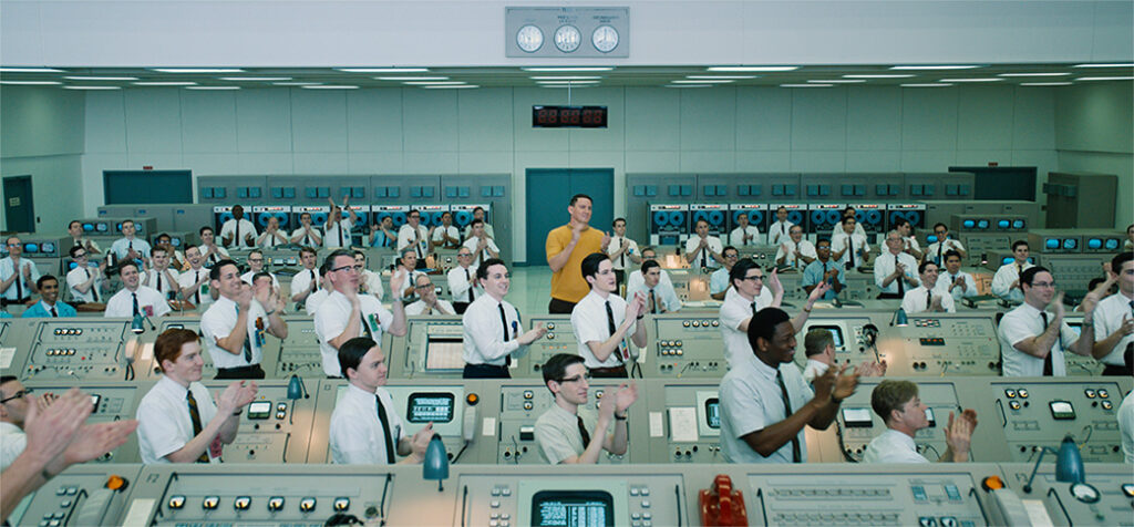 The entire control room set was built on a gimbal, allowing production to shake the set on lift-off of the giant rocket. VFX was tied into the shaking to make the moment feel as dramatic as possible.