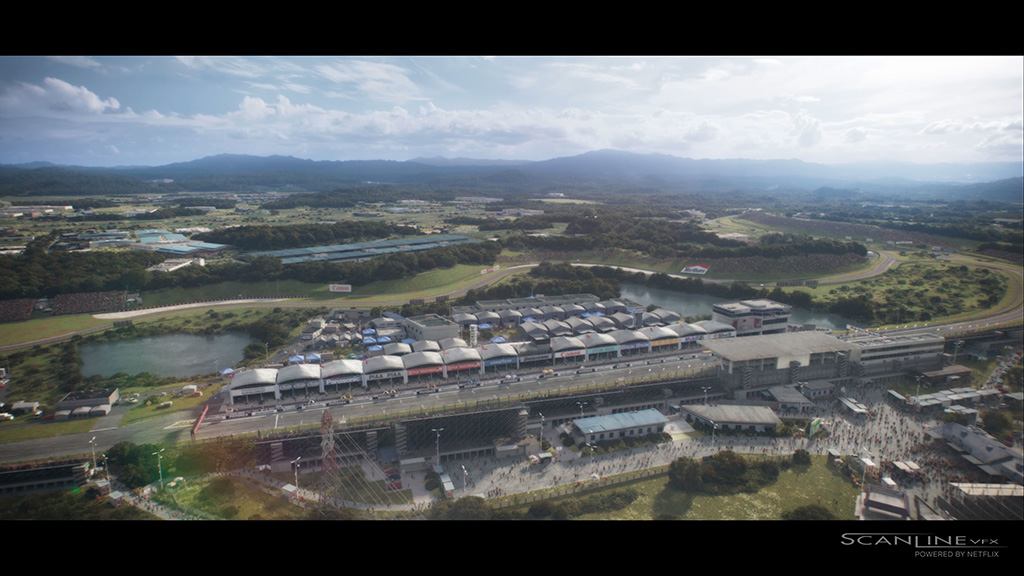 Several racetracks that were landmarks in Senna’s career were re-created digitally, either in full or as set extensions. A dedicated team focused on constructing the circuit environment, referencing archival footage and photographs from the era to help recreate the historic Monaco Grand Prix circuit in detail. (Images courtesy of Scanline VFX and Netflix)