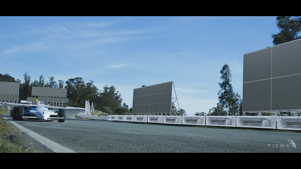Grand Prix raceway shots with CGI extensions. (Images courtesy of Picma Post and Netflix)