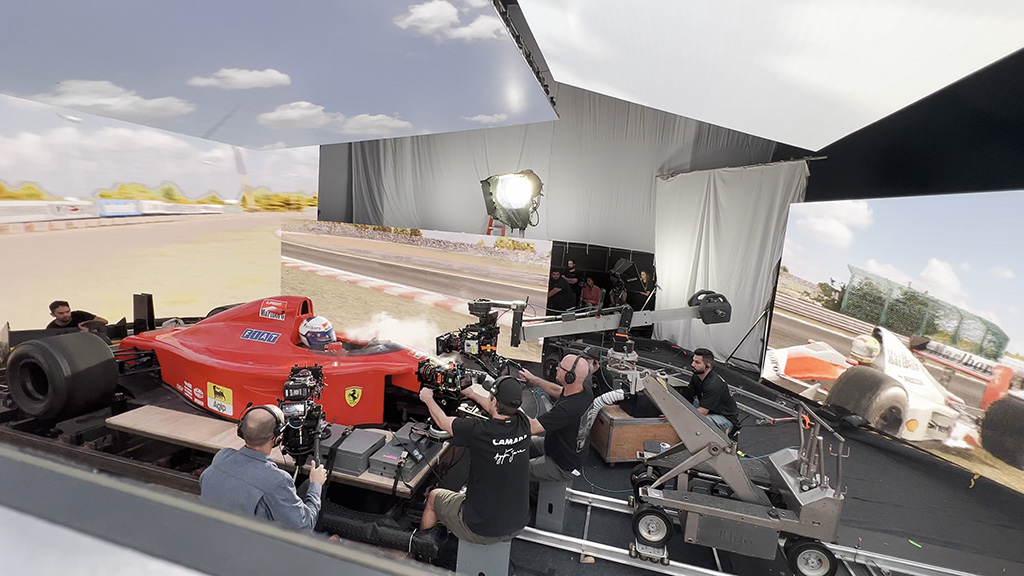 Onboard shots of the drivers were filmed on an LED stage for two weeks at the end of main-unit photography. (Image courtesy of Picma Post and Netflix)