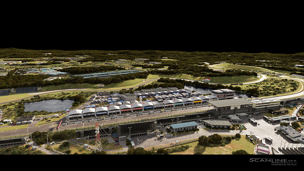 Several racetracks that were landmarks in Senna’s career were re-created digitally, either in full or as set extensions. A dedicated team focused on constructing the circuit environment, referencing archival footage and photographs from the era to help recreate the historic Monaco Grand Prix circuit in detail. (Images courtesy of Scanline VFX and Netflix)
