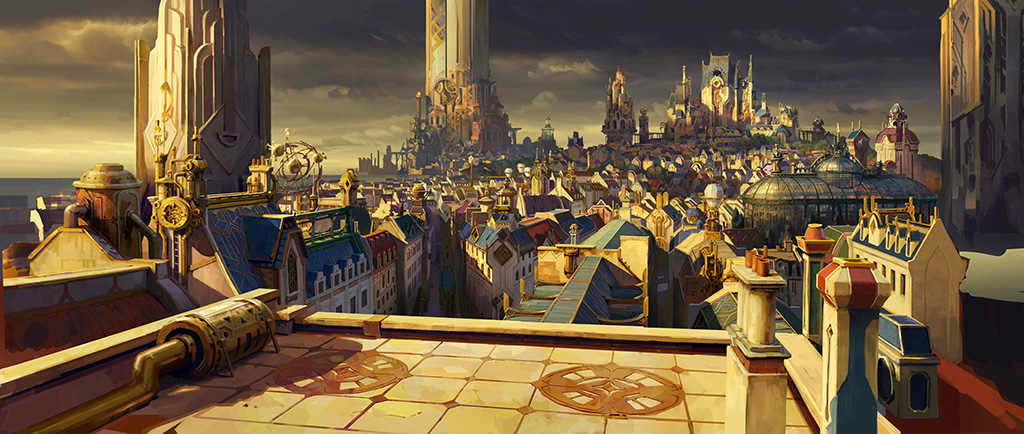 A matte painting of a rooftop view of Piltover at magic hour.