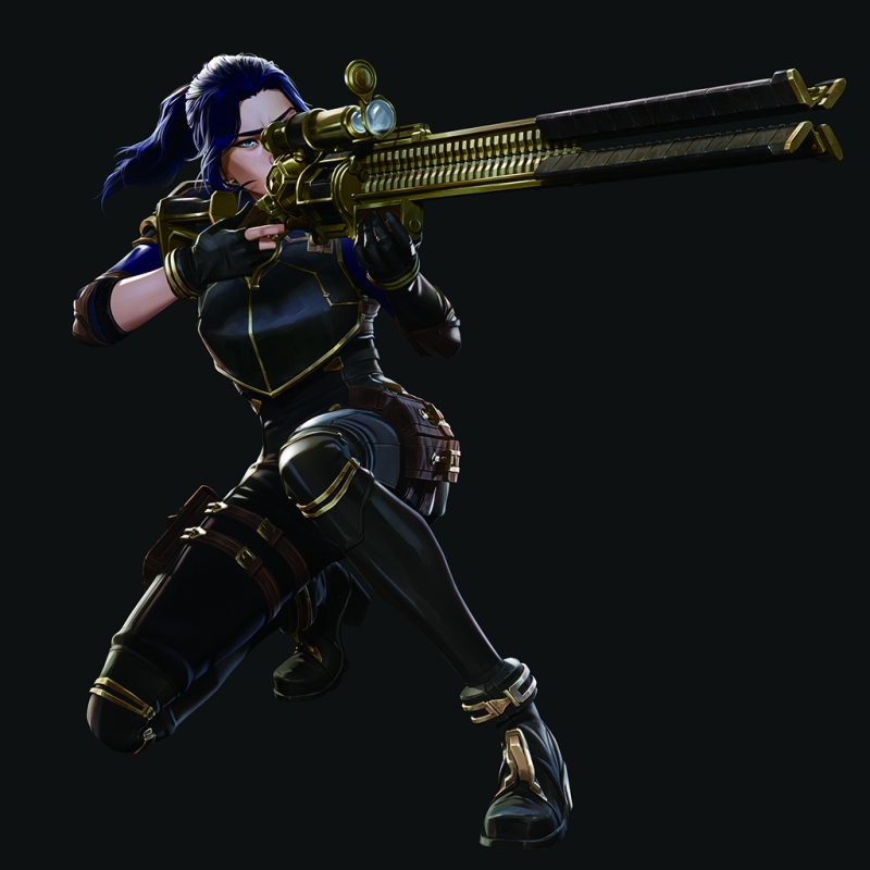 Caitlyn strikes an action pose with a highly advance Hextech-powered rifle. 