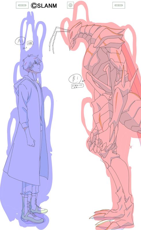 A scale and proportion study between Sung Jinwoo and the Ant King along with a final still of the bloodthirsty Magic Beast. (Image courtesy of Atsushi Kaneko via X)