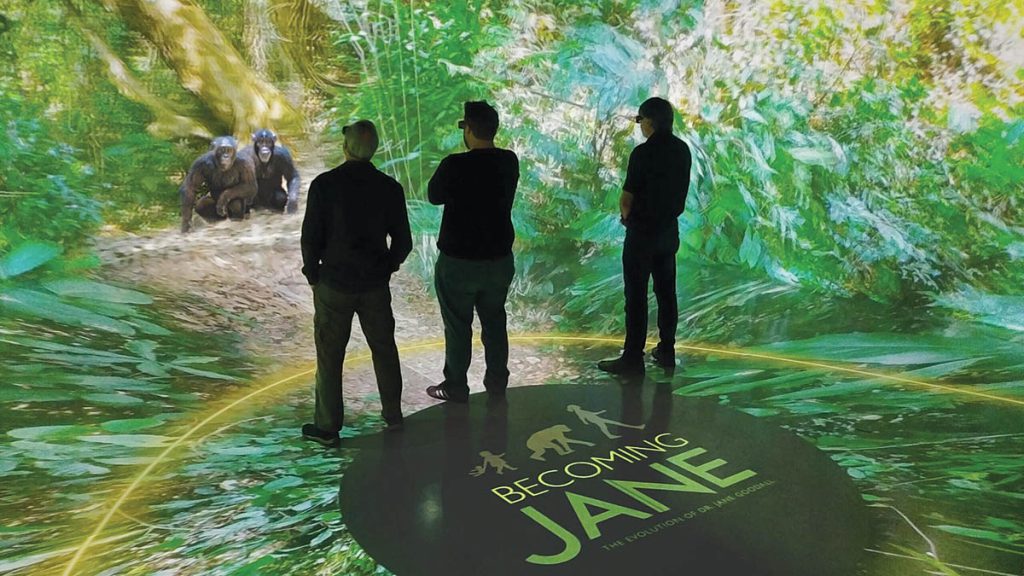 Falcon’s Creative Group Falcon’s Vision AR headset for location-based entertainment was introduced at the National Geographic Museum’s “Becoming Jane: The Evolution of Dr. Jane Goodall” exhibitin Washington, DC in 2019. (Photo: Rebecca Hale. Courtesy of Falcon’s Creative Group and National Geographic) 