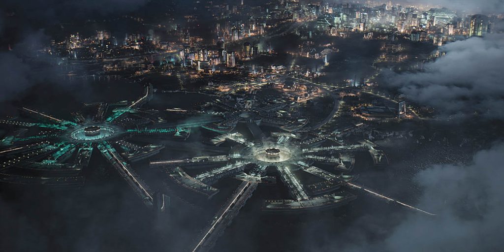 Zimia spaceport, an enormous hub of interstellar commerce in Dune: Prophecy. The production team built a vast practical set to provide a strong scale foundation, but its full grandeur came to life in post by extending this environment with CG.(Images courtesy of HBO) 