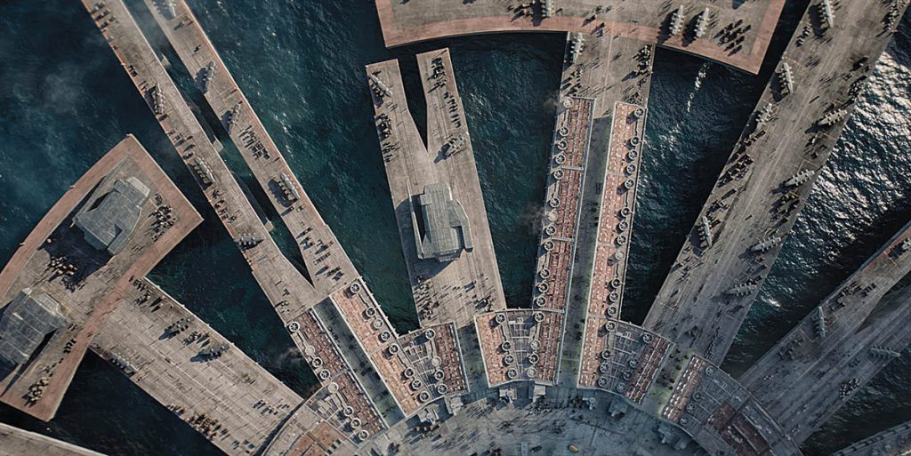 Zimia spaceport, an enormous hub of interstellar commerce in Dune: Prophecy. The production team built a vast practical set to provide a strong scale foundation, but its full grandeur came to life in post by extending this environment with CG. (Images courtesy of HBO) 