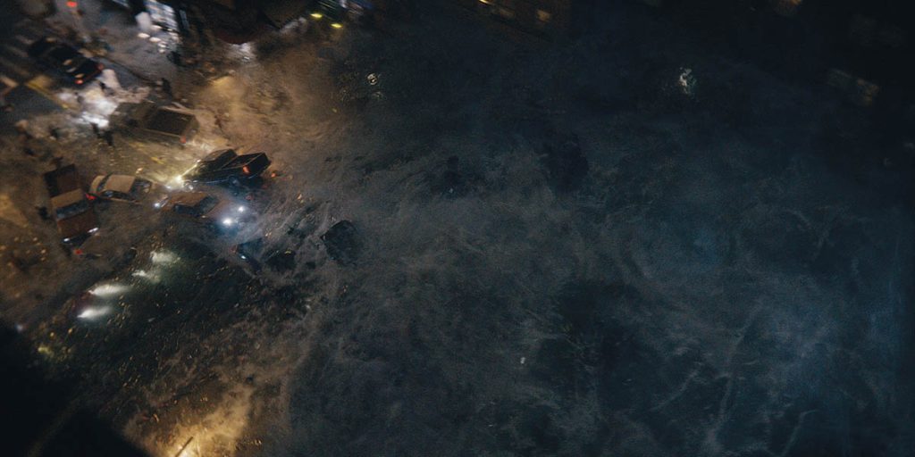 Floodwaters play a significant part in the destruction of Gotham in The Penguin. One particularly harrowing sequence required simulating a tsunami tearing through the streets. (Image courtesy of HBO)