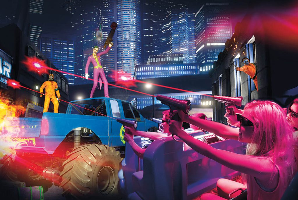 “Justice League: Battle for Metropolis” at Six Flags parks mixes animatronics and CG media for an interactive dark ride that utilizes lasers, film elements and interactive gameplay. (Images courtesy of DC Entertainment and Sally Dark Rides)