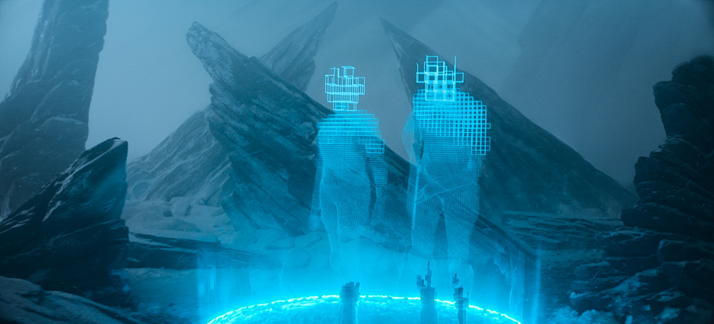 The blue teleportation ring was practically built and digitally enhanced.