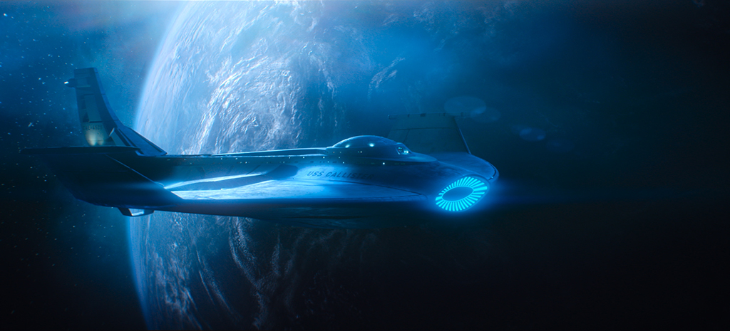 An exterior space shot of the USS Callister that is entirely CG.