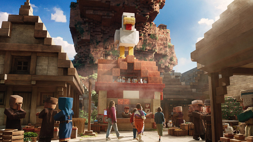 A virtual study and final still of the cast members standing outside of the Lava Chicken Shack.
