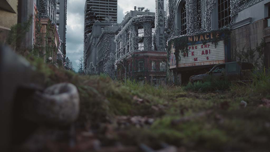 The Pinnacle Theatre was based on the real Paramount Theatre in Seattle. DNEG's Environment team extended the city street in CG and dressed it with vegetation and ivy.