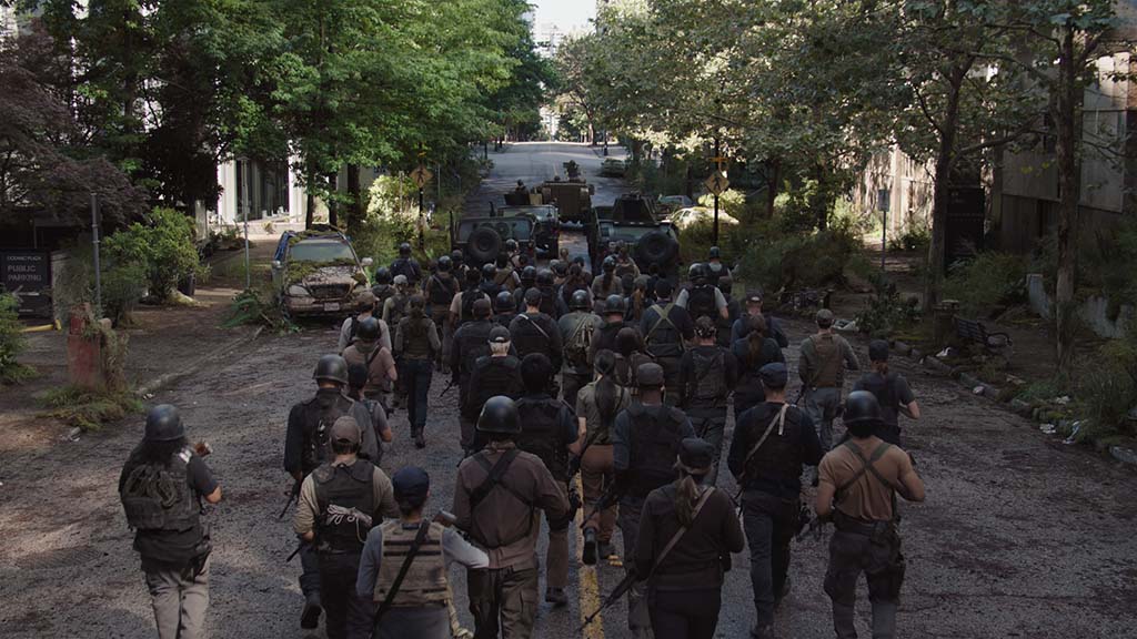 DNEG's asset team created nine unique WLF (Washington Liberation Front) soldier digi-doubles based on 3D scans of the actors, then blended them in seamlessly with the actors.