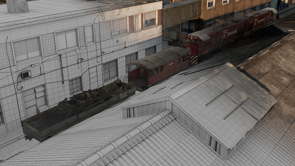 A train is surrounded by a digital environment. 