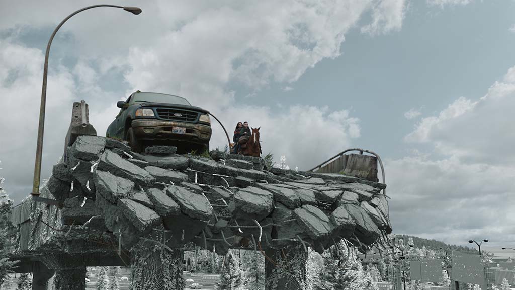 To capture the scope of destruction, a partial set was constructed against bluescreen on a studio backlot, then digitally enhanced and completed in CG. 