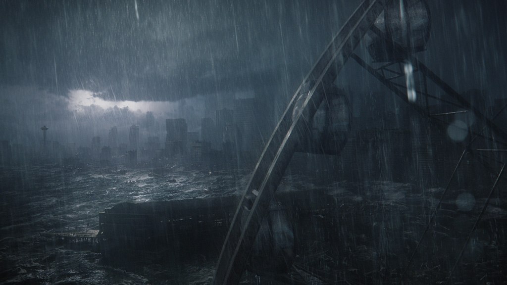 To deliver a realistic storm and match plate photography, DNEG Environments added layers of depth to each shot, including secondary details such as wind gusts, rain curtains, ripples and splashes on the water surface.